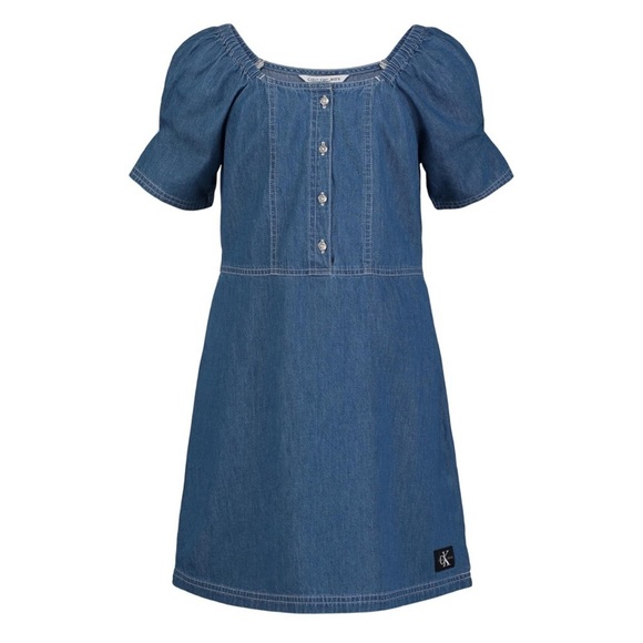 Calvin Klein Girls 12/14 Square Neck Denim puff sleeve Dress - Picture 1 of 10